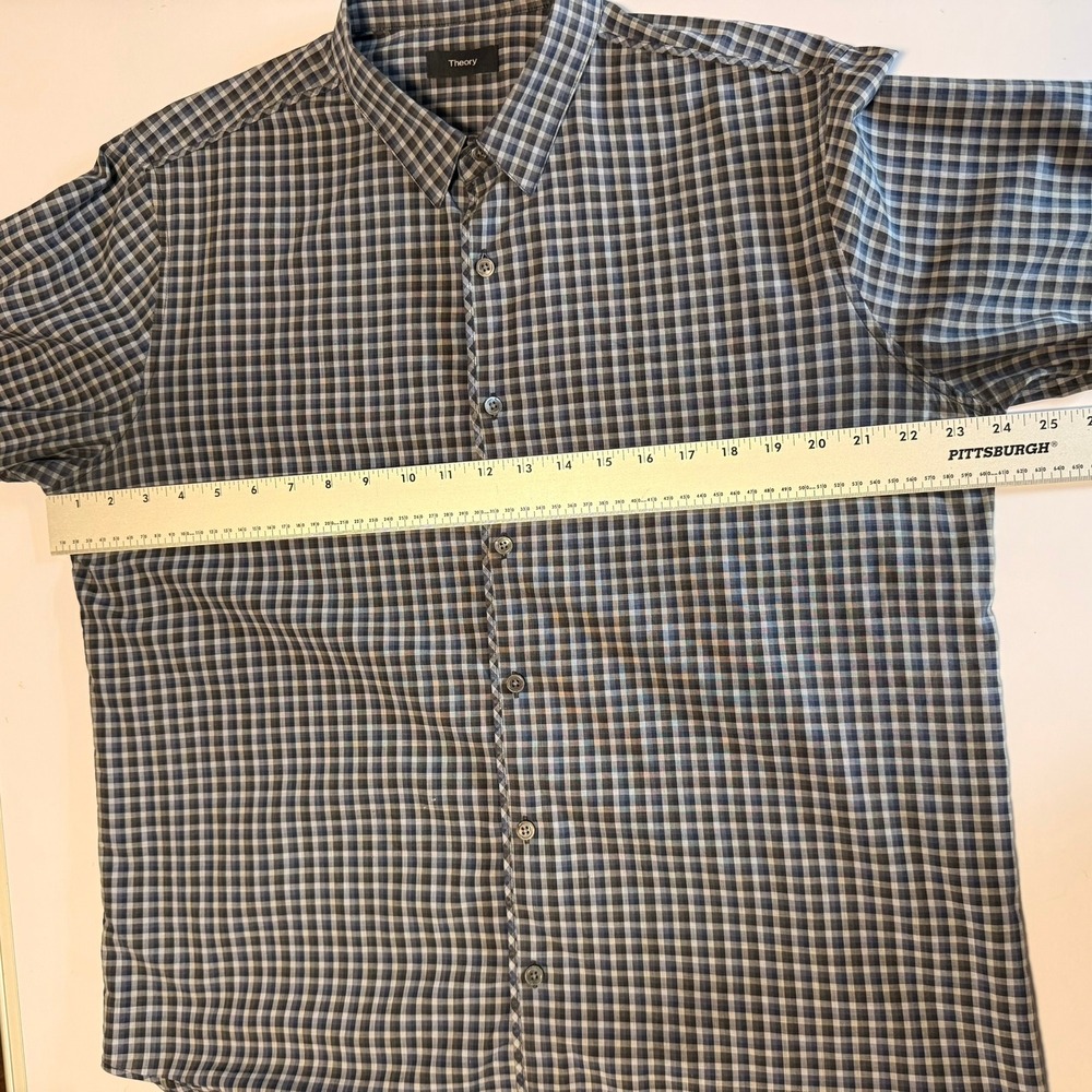 Theory Benner Trimont Men's XL Gingham Button Down Shirt Blue Grey Cotton Plaid - Picture 12 of 16